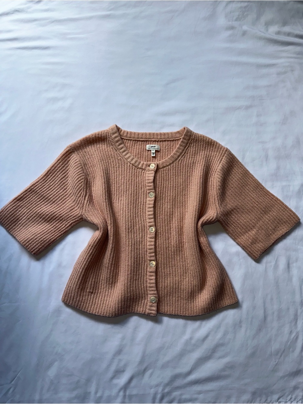 aerie Peach Pink Button-Front Knit Short-Sleeve Cardigan